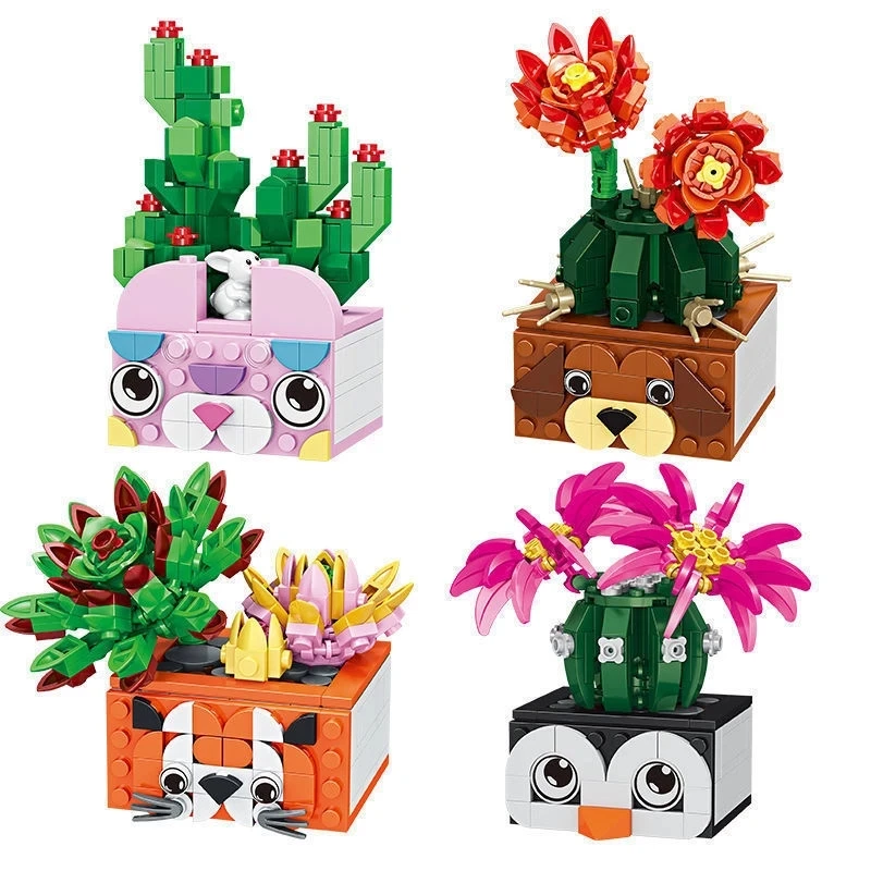 

Cute Animal Flower Plant Building Blocks Potted Succulent Plants Cactus Bouquet Model Bricks Toys For Kids Gifts Home Decor