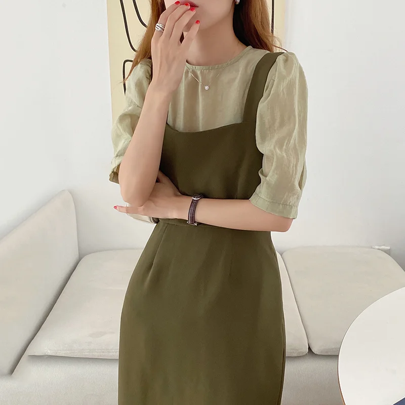 Summer New Style Retro Round Neck Micro-permeable Bubble Sleeve Shirt Waist Strap Dress | Женская одежда