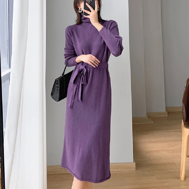 

2021 Women Winter Purple Sweater Dress Female With Sashes Turtleneck Knee-length Knitted Dress One Piece Ladies Korean Dresses