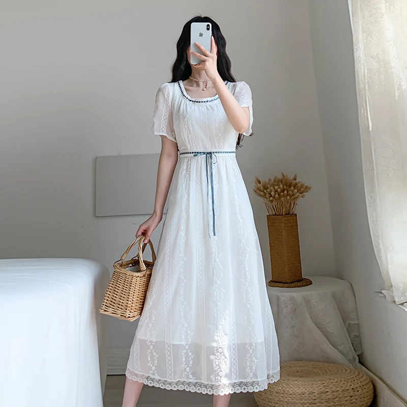 

COIGARSAM French Style Women dress Vintage Dresses White 6637