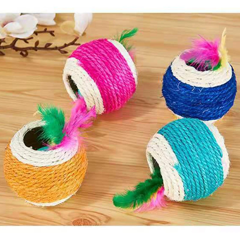 

Random Color Cat Ball Toy 2-Hole Fake Feather Sisal Cat Toy Cat Rope Ball Kitten Chew Toy Cat Scratch Toy Training Toys