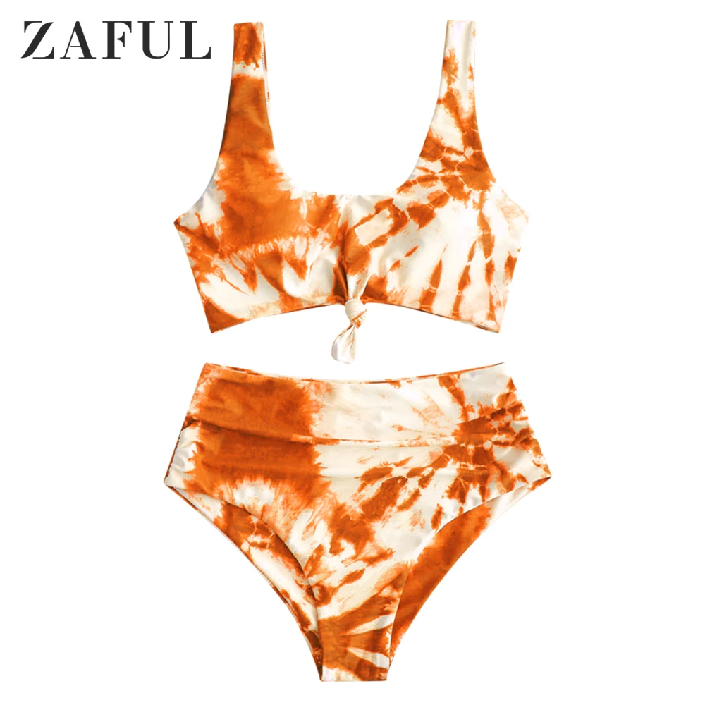 

ZAFUL Tankini Swimwear Tie Dye Knotted High Waisted Bikinis Set Bathing Suits Wire Free Women Swimsuit Beach Wear