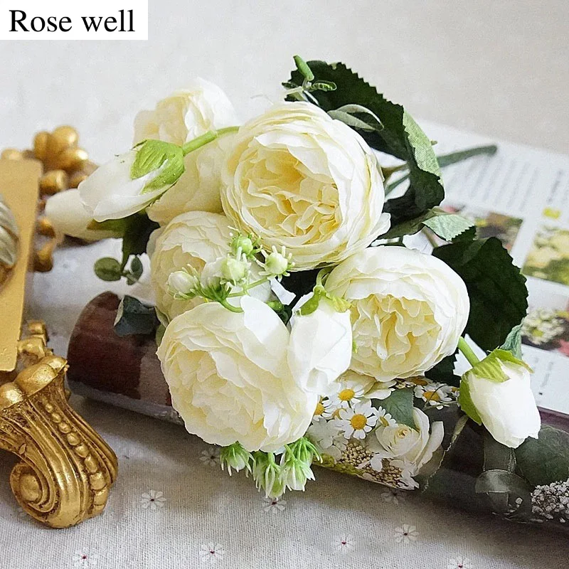 

ROSEWELL New Silk Peonies Rose Artificial Flower Bouquet 5 Big Head and 4 Bud Flower Wedding Christmas Decoration for Home Party