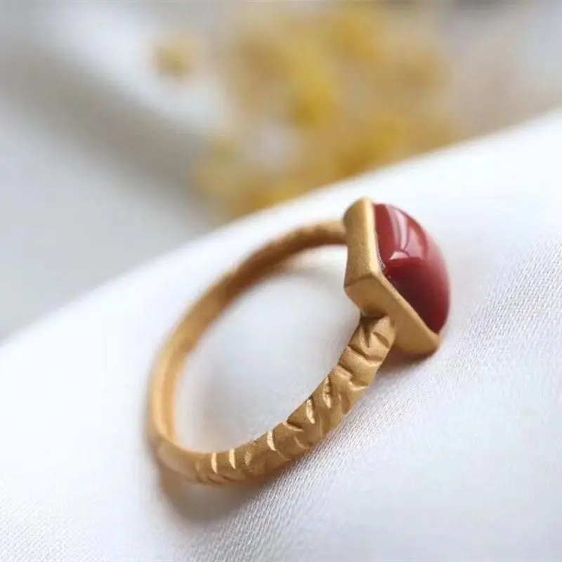 

Natural South Red Square Ring Sterling Silver Gold Plated Agate Geometric Ring Women's Open Red Jade Fashion Silver Ornaments