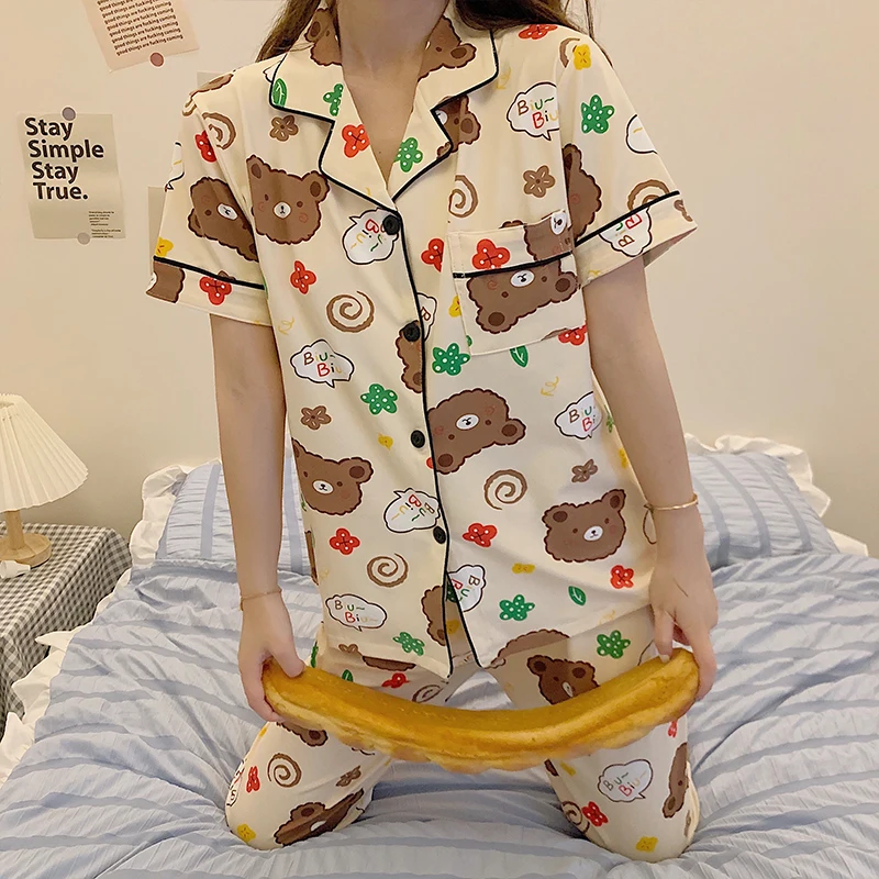 CAIYIER Autumn Winter Ladies Pajamas Set turn-down Collar Short Sleeve Trousers Casual Sleepwear Girls Cartoon Soft Pijama Suit