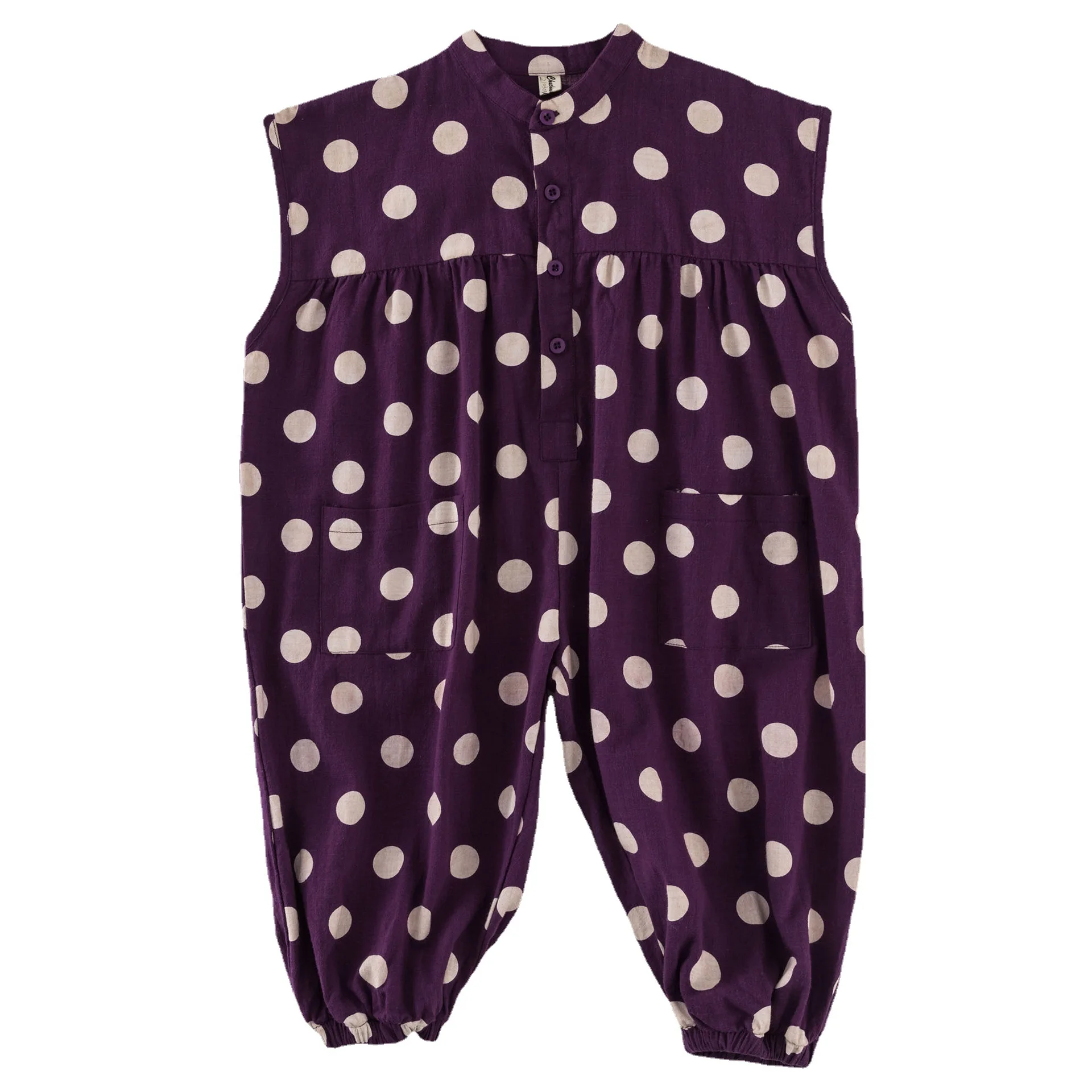 

2021 Summer Korean Boys Girls' Retro Breathable Cotton Hemp Comfortable Dot Romper Wide Leg Jumpsuit Fashion