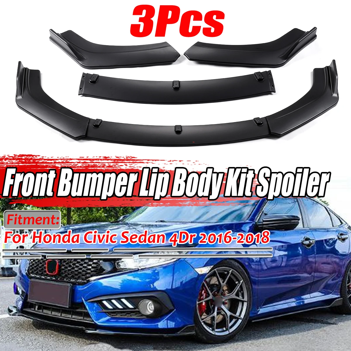 3pcs Universal Car Front Lower Bumper Lip Spoiler Body Kit For Honda For Civic Sedan 4Dr 2016-2018 Carbon Fiber Look / Black