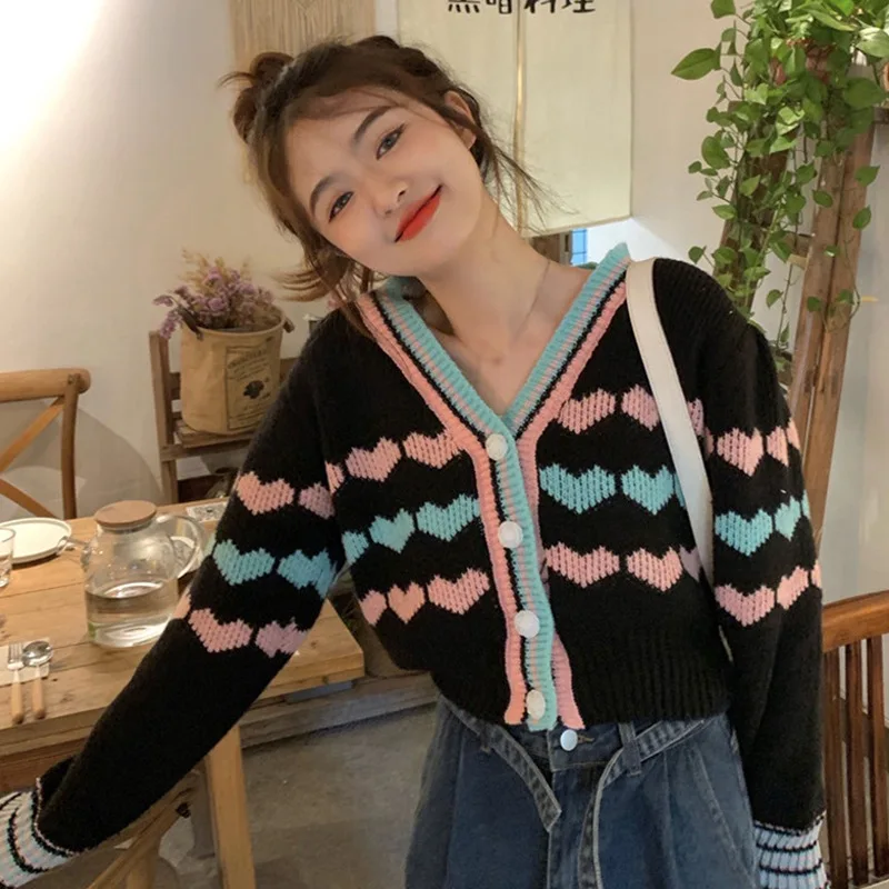 Heart Pattern Cardigan Sweater For Women Hit Color  Mujer Lantern Sleeve Single Breasted Crop Outerwear Autumn Tops images - 6