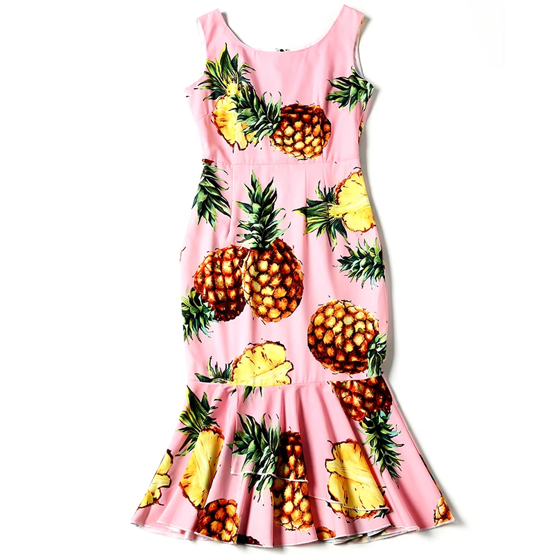 

Runway Designer Summer Dress Women's Sleeveless Vest Fruit Pineapple Printed Ruffles Sheath Cute Mermaid Dresses Bodycon