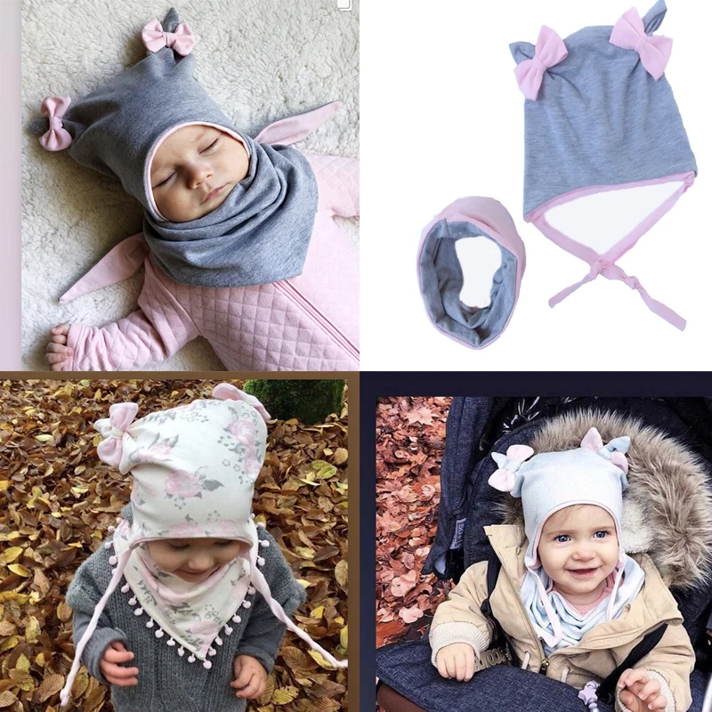 

Autumn Winter Baby Hats Children's Scarf Hat Sets Cute Bowknot Ear Double layer Cap Girls Boy Warm Beanies Cap Bib шапка детская