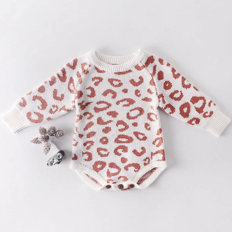 

Newborn Baby Rompers Toddler Jumpsuit Baby Girls Leopard Print Knitted Long Sleeve Baby Boy Clothes Infant Winter Autumn Outfit