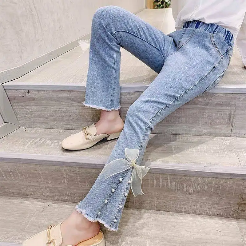 

Fashion Child Beaded Flared Trousers Jeans Flares Slim Denim Trouser Baby Girls Pants Kids Spring Autumn Children's Cowboy Pant