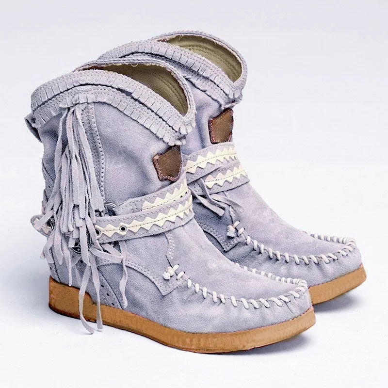 Fringe Middle Boots Women Sexy Tassel Boots Fashion Buckle Motorcycle Boots Flat Heel Boot Women Cowboy Style Bota Feminina