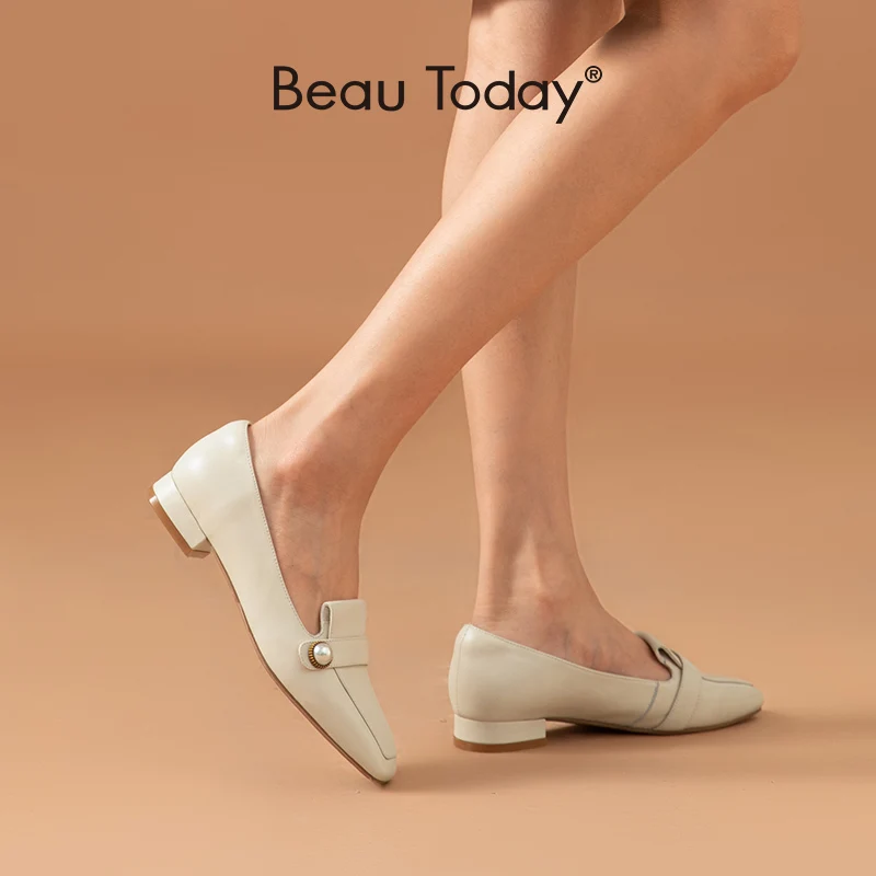 BeauToday/лоферы с жемчугом Женская обувь из натуральной коровьей кожи квадратным