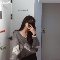 autumn new women argyle knitted sweater fashion loose oversized pullovers long sleeve casual college style women jumper tops