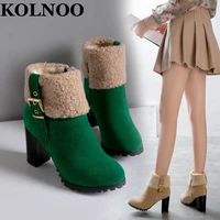 kolnoo handmade chinese style womens chunky heels boots turnover warm vintages ankle booties winter four color fashion shoes