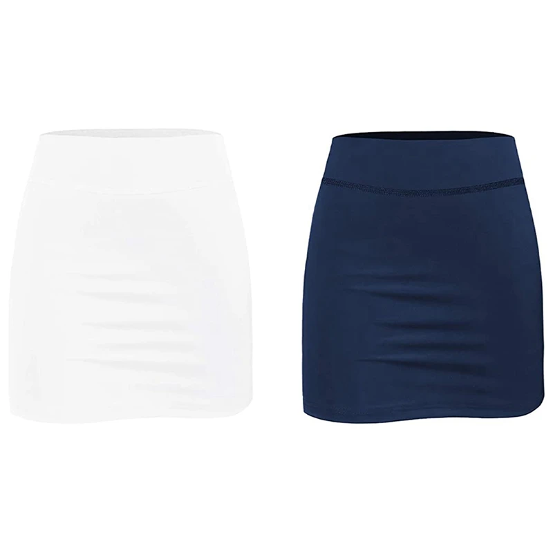 

ELOS-2X Women Tennis Skirts Inner Shorts Elastic Sports Golf Skorts With Pockets Fit Yoga Fitness XL White & Dark Blue