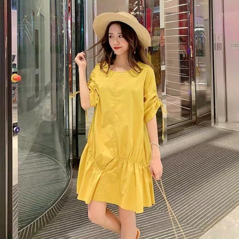 

2021 Women Spring Summer New Vintage A-line Dress Lady O-Neck Short Puff Sleeve Vestido Female Casual Solid Pleated Dresses J115