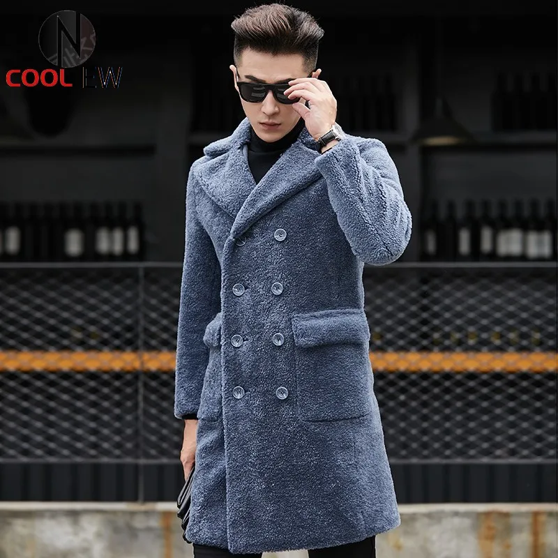 

Winter Mens Double Breasted Long Real Fur Jacket Slim Fit Warm Shearling Overcoat Reversible Office Man Warm Wool Outerwear Coat