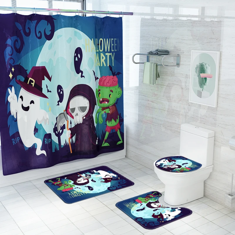 

Halloween Party Cartoon Print Waterproof Shower Curtain Funny Toilet Lid Cushion Non-Slip Absorbent Carpet Bathroom Bath Mat Set