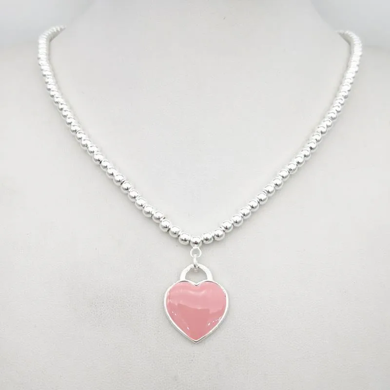 

1: 1 sterling silver S925 classic pink enamel heart card ladies 4mm round bead necklace jewelry holiday gift