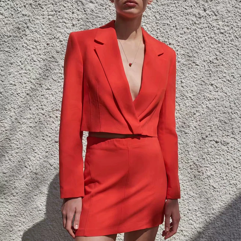 

ZA 2 Pieces Summer Women Suits Casual Red Solid Blazer+Skirt Notched Office Lady Coat Elegant Fashion Design Women Basic Coat