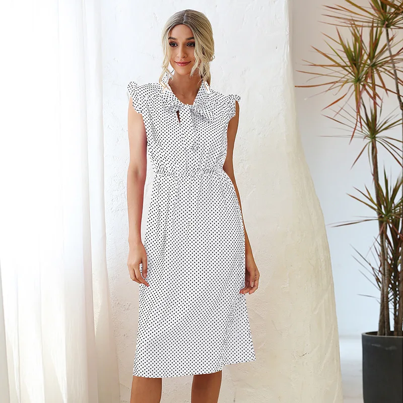 

Top Selling V-neck Tie Bowknot Wave Point Waist Dress 1570 In Spring And Summer Of White Dress