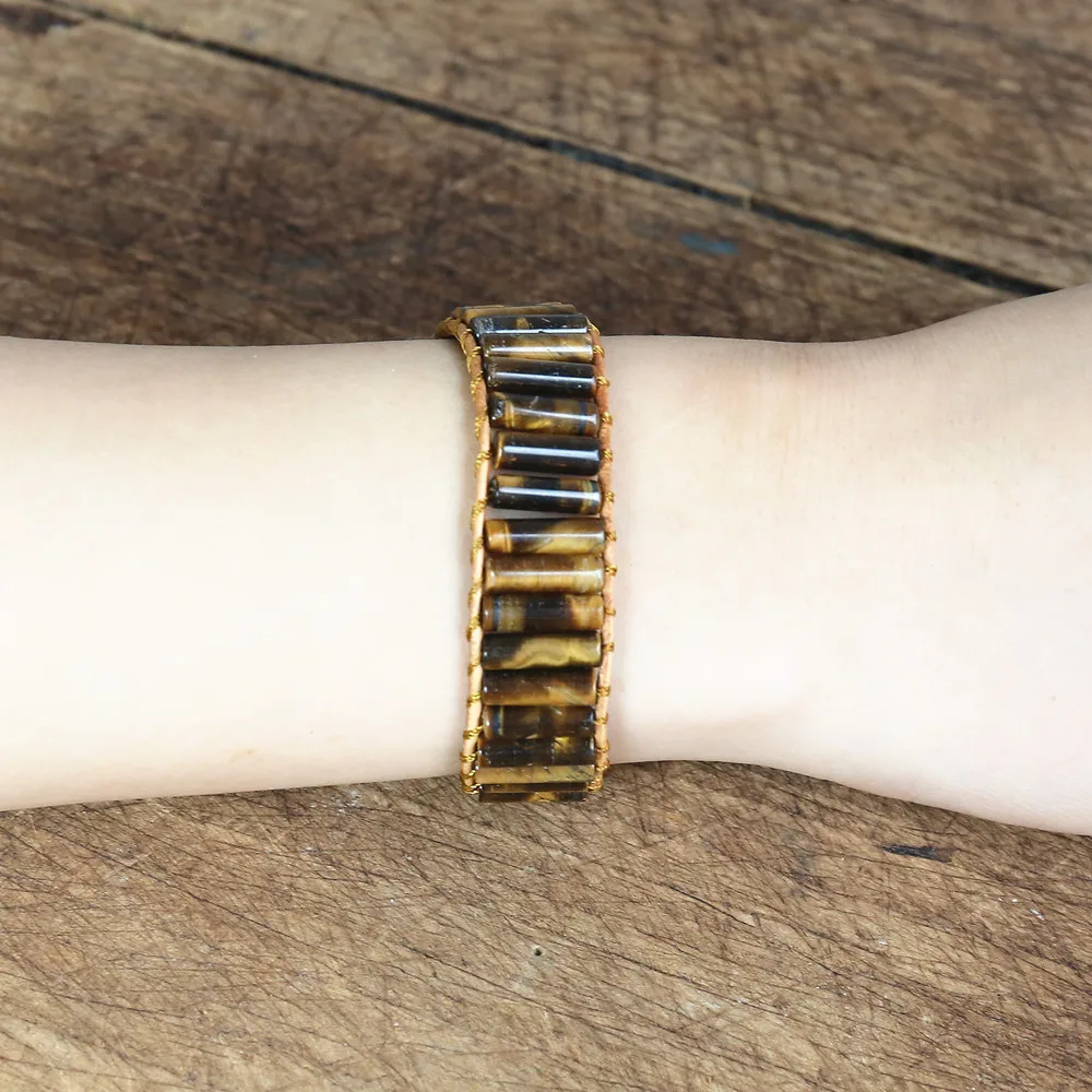 Цилиндрический тигровый глаз камень бусины нить оберточный браслет для женщин и