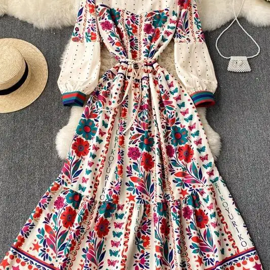 

Women's court style dress 2021 spring new round neck long sleeve slim retro ethnic style long dress street style Robe