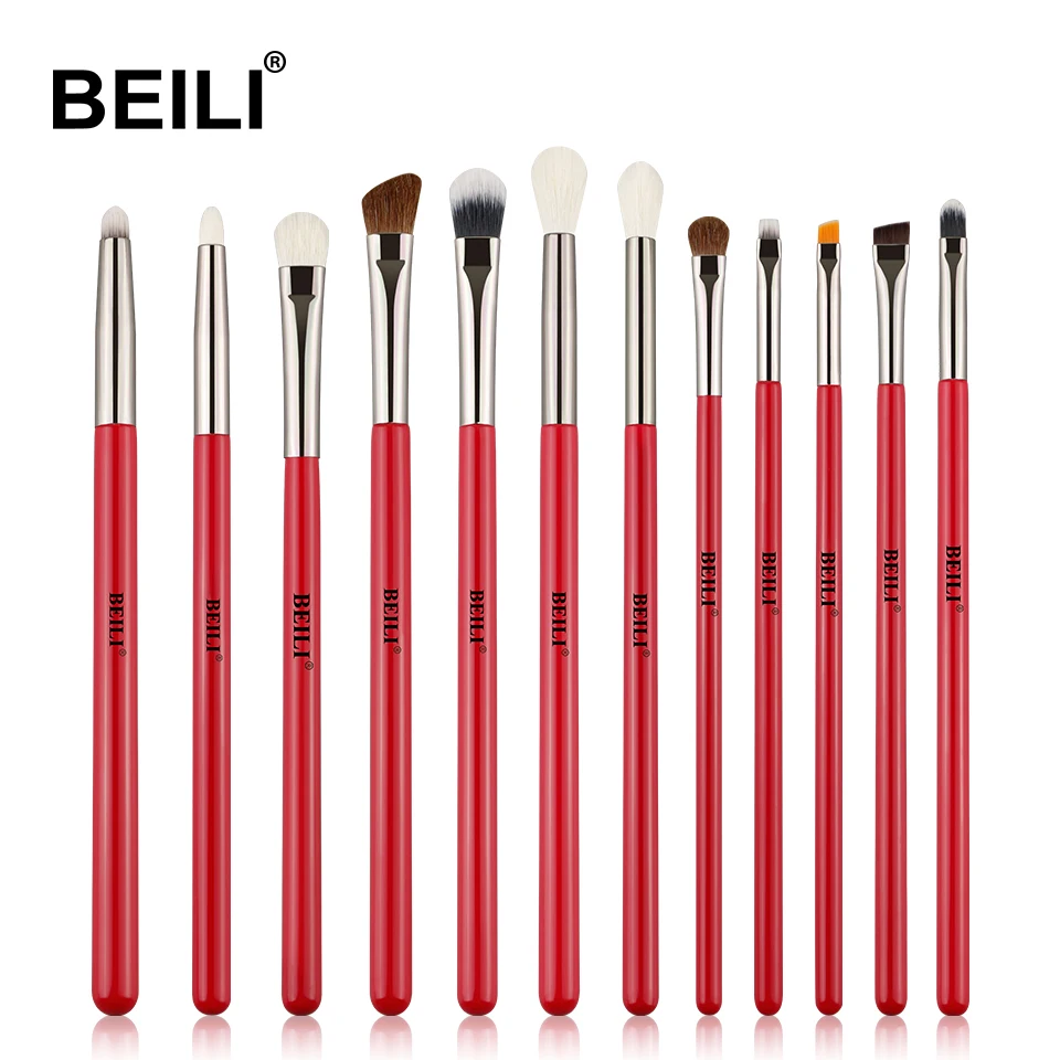 

BEILI Eye Makeup Brush Set 12pcs Red Eye Shadow Makeup Brushes Professional Eyeliner Blending Eyebrow Make Up Tools Goat Hair