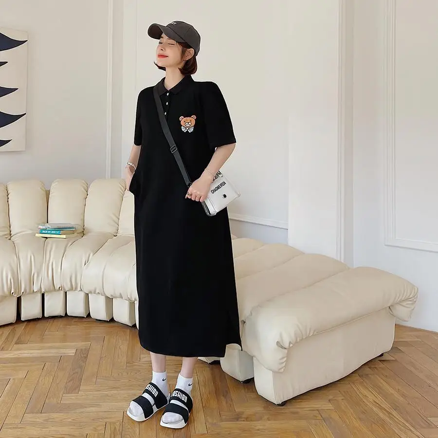 

Summer New Style POLO Collar Short-sleeved Dress Female Korean Version Loose Large Size Mid-length Slim Long Skirt