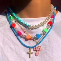 flatfoosie multilayer mushroom cross pearl beaded necklace for women colorful heart beads chain choker necklace trendy jewelry
