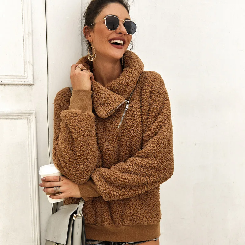 

Winter Warm Slim Women Coats Pocket Polar Fleece Fluffy Tops Hooded Pullover Female Long Sleeve Oversize Outwear Coats Women