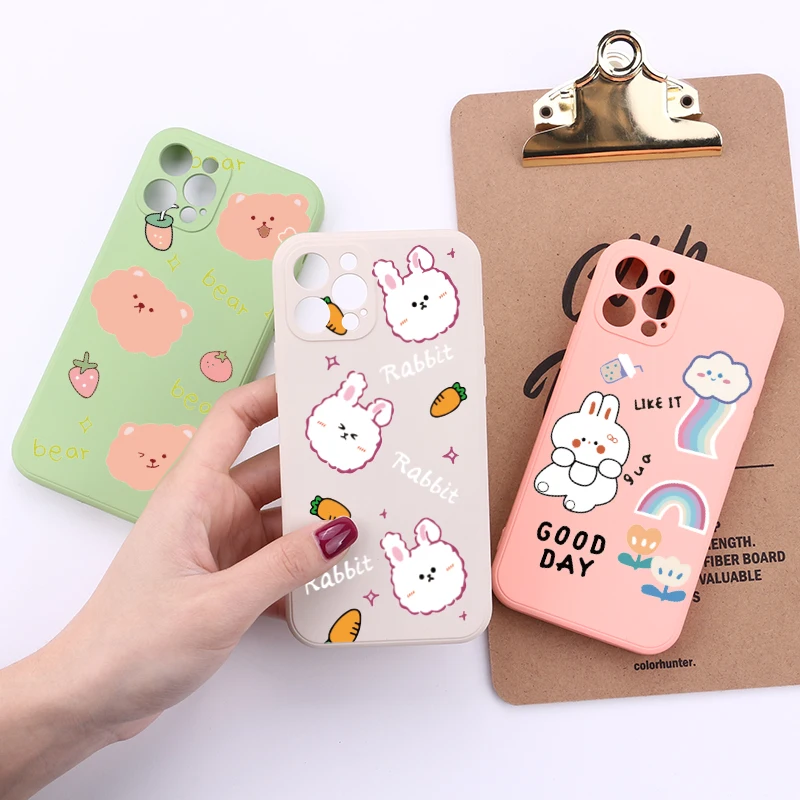 

Cute Cartoon Funny Rabbit Phone Case For iPhone 11 Pro 12 7Plus 7 8 8Plus X XR XS Max Soft Print Candy Color Phone Cover Fundas
