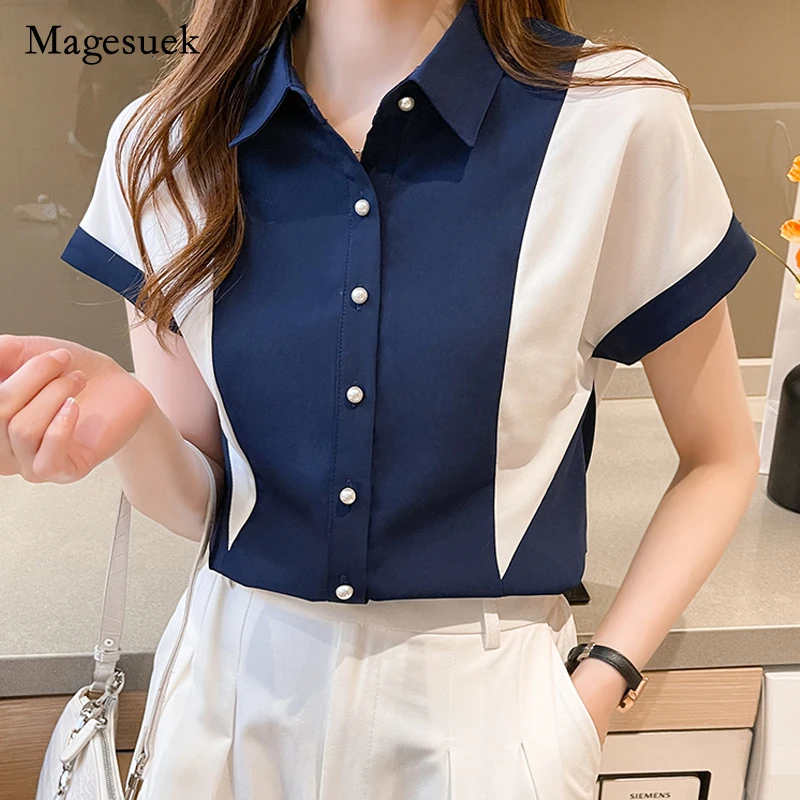 

Casual Loose Turn Down Collar Women Blouse and Tops 2021 Summer Short Sleeve Women Shirts Single Breasted Female Clothing 14405