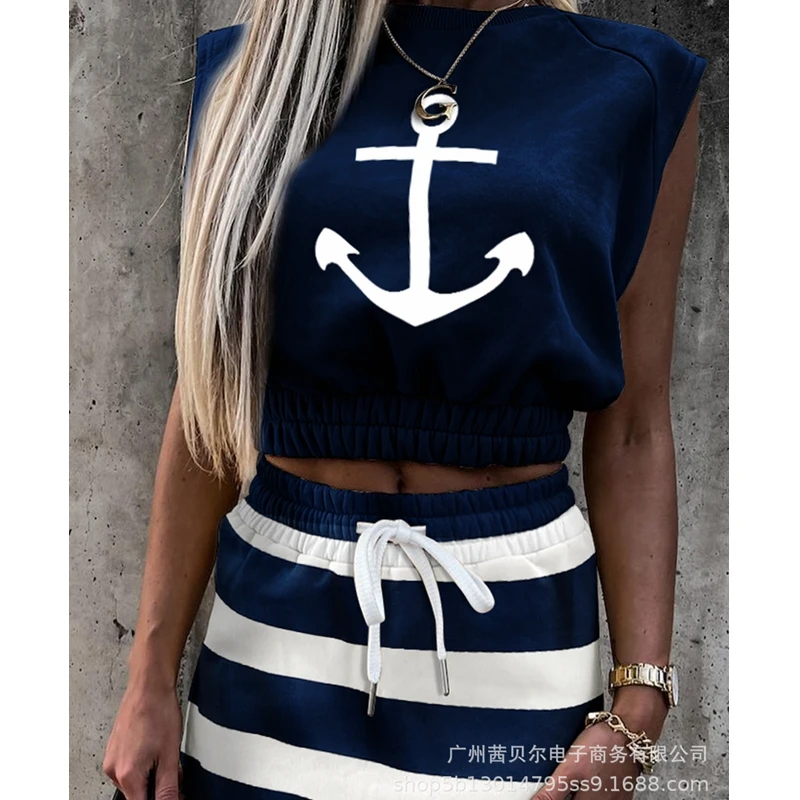 

WEPBEL Women's Casual Printed Slim Suit Summer Fashion O-Neck Sleeveless Vest + High Waist Lace-up Striped Skirt Suit