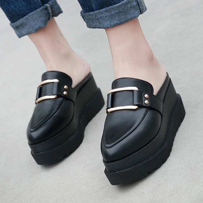 

New Women Slides Muffins Creepers Pointy Close Toe Mules Wedges Height Increased Slingback Sandals Metal Decorated Lazy Slippers