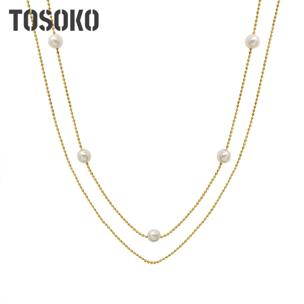 

TOSOKO Stainless Steel Jewelry Pearl Double Layer Necklace Women's Retro Simple Clavicle Chain BSP165