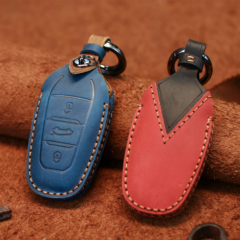 KEYYOU For Citroen Peugeot 508 301 208 308 408 307 206 Handmade Leather Car Key Case Pouch Cover Protector Skin | Автомобили и