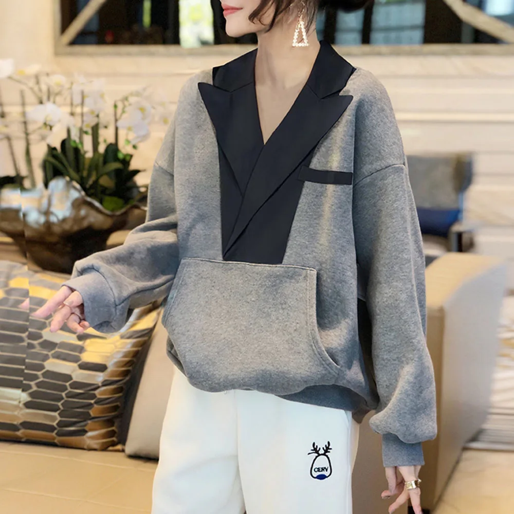 

Women Sweatshirt Stitching V-neck Loose Design Sense Niche Tops Tide Ins Spring And Autumn New European Style Pullover Casual