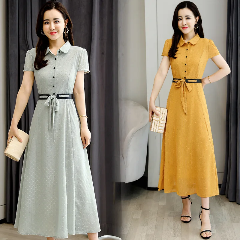 Chiffon Dress Women 2020 Summer New Large Size Elegant Zipper High Waist Summer Temperament Short-sleeved Long Vestidos Z932