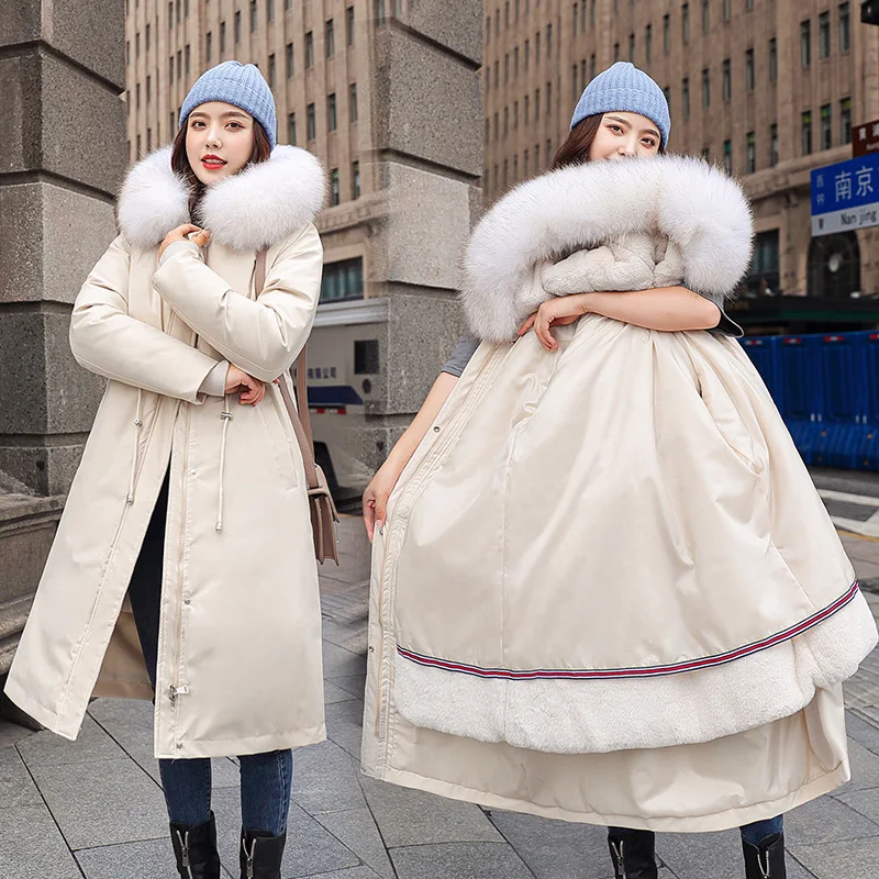 

2021 New Fashion Cotton Liner Parker Fur Collar Coats Adjustable Waist Parkas Women Winter Warm Jacket Medium Long Hooded Coat
