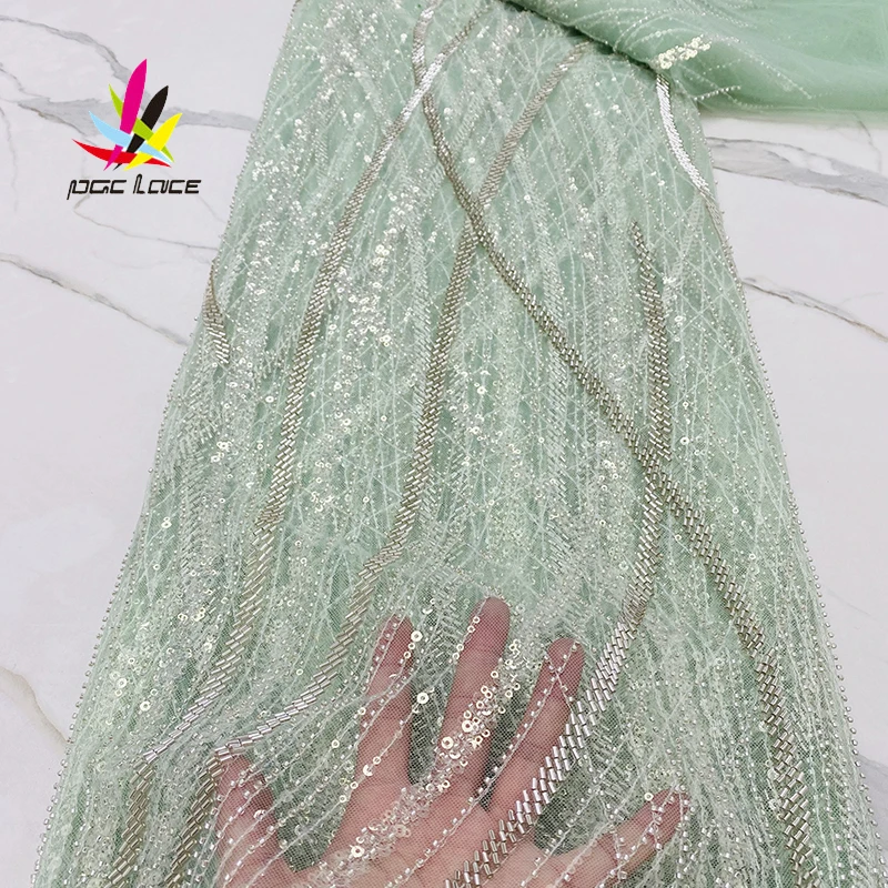

African French Groom Beaded Lace Fabric Beads Mint Green Latest Bridal Materials Blue Embroidery Beaded Lace Fabrics 2021