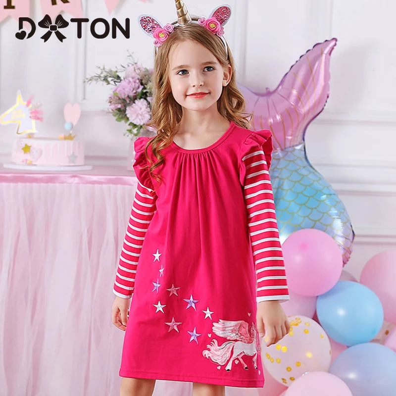 

DXTON Winter Kids Dresses For Girls Flying Sleeve Unicorn Children Dress Star Stripe Toddler Cotton Clothing Causal Girls Dress