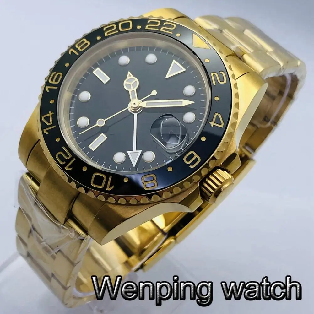 Bliger 40mm Gold Plated Watch Sapphire Glass Ceramic Bezel Luminous Marker GMT Black Dial Date Window Men's Automatic Watch