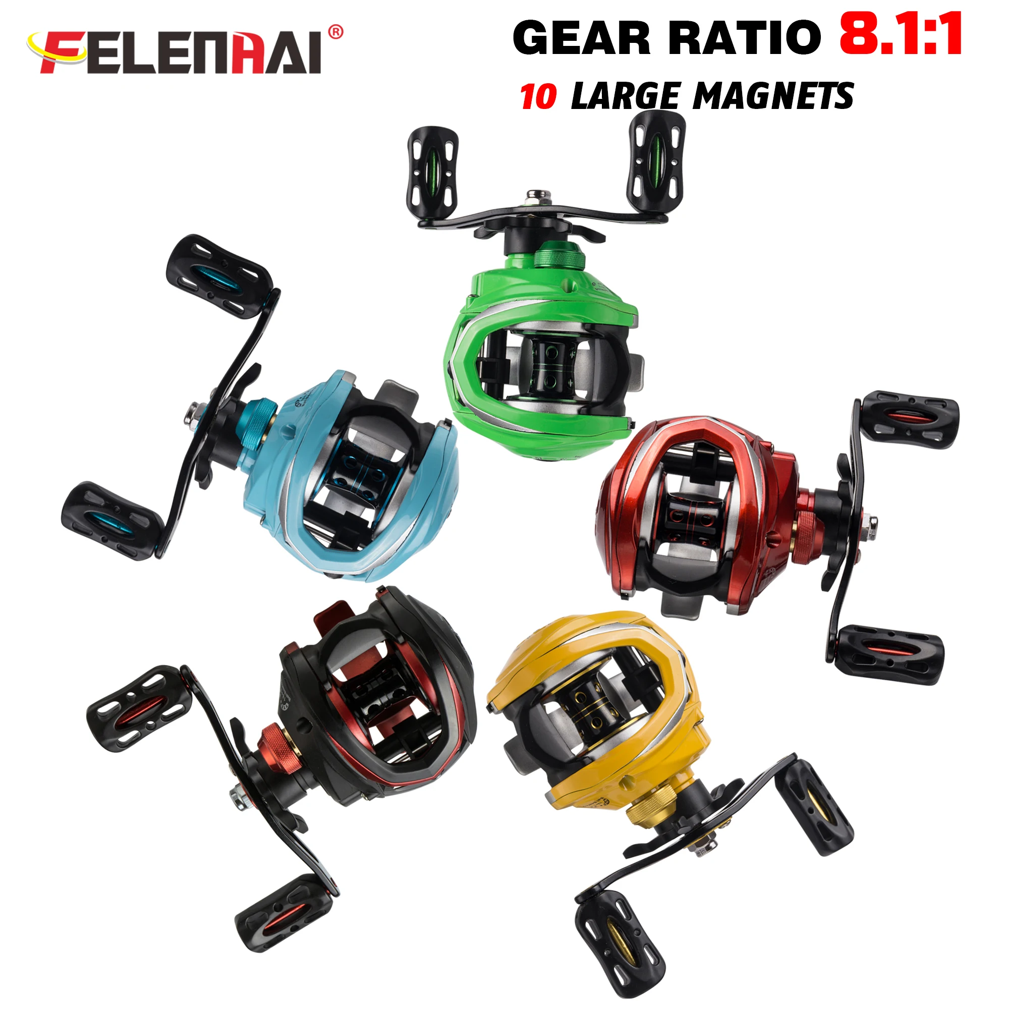 

FELENHAI Baitcasting Reel Dual Brake System Reel 10KG Max Drag 19+1 BBs 8.1:1 High Speed Casting Fishing Reel
