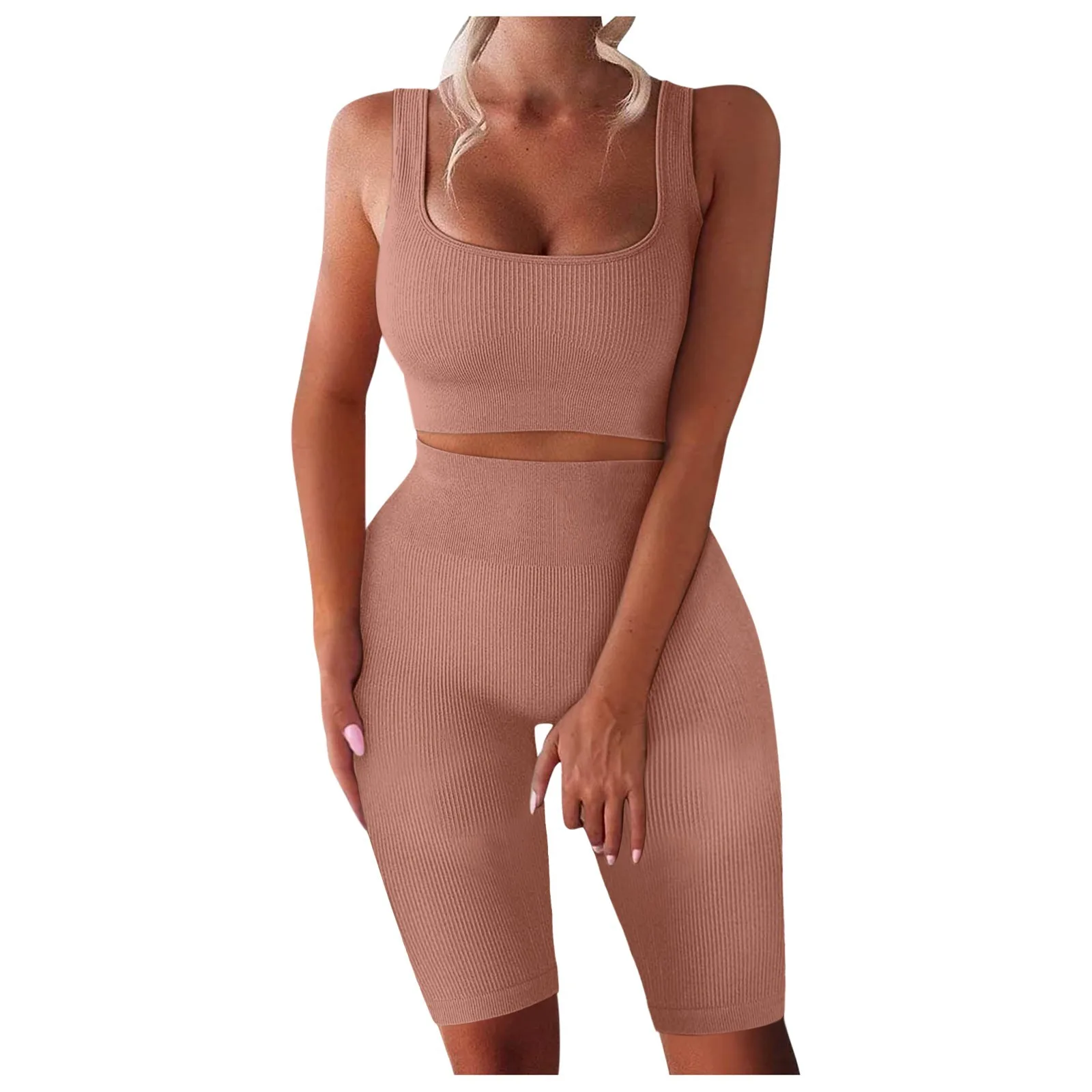 

Summer two pieces set women's set pants sets sport soild Square Collar tops and pants 2 pieces set