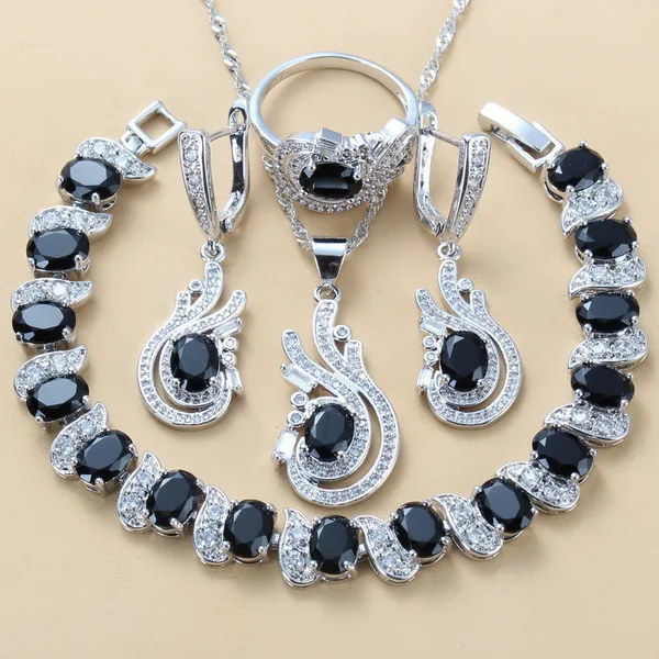 925 пробы серебро 9-Цвет комплекты украшений для женщин шампанское cz, висящие сережки/браслет и кольцо Мода Винтаж костюм наборы для ухода за кожей - Окраска металла: Black