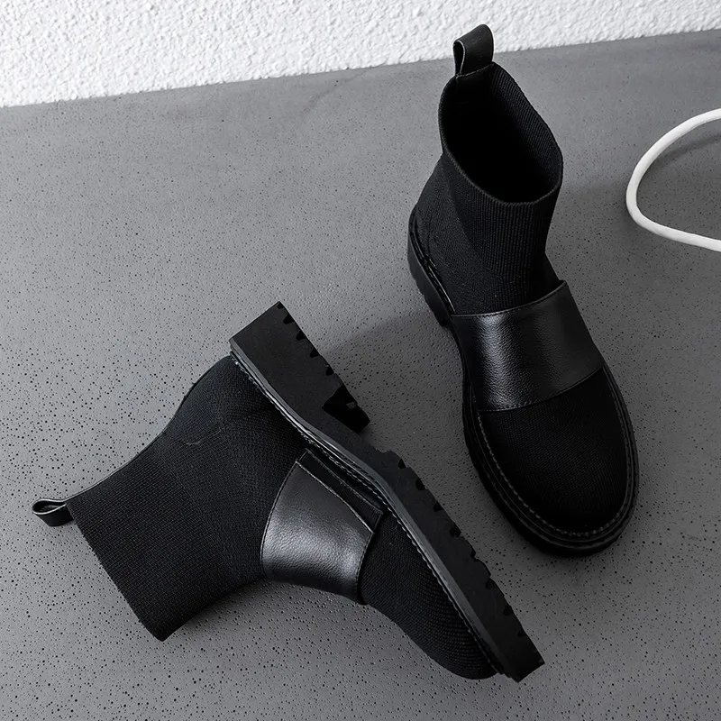 

ASUMER 2021 new ankle boots for women knitting+genuine leather boots round toe low heels ladies prom autumn winter boots