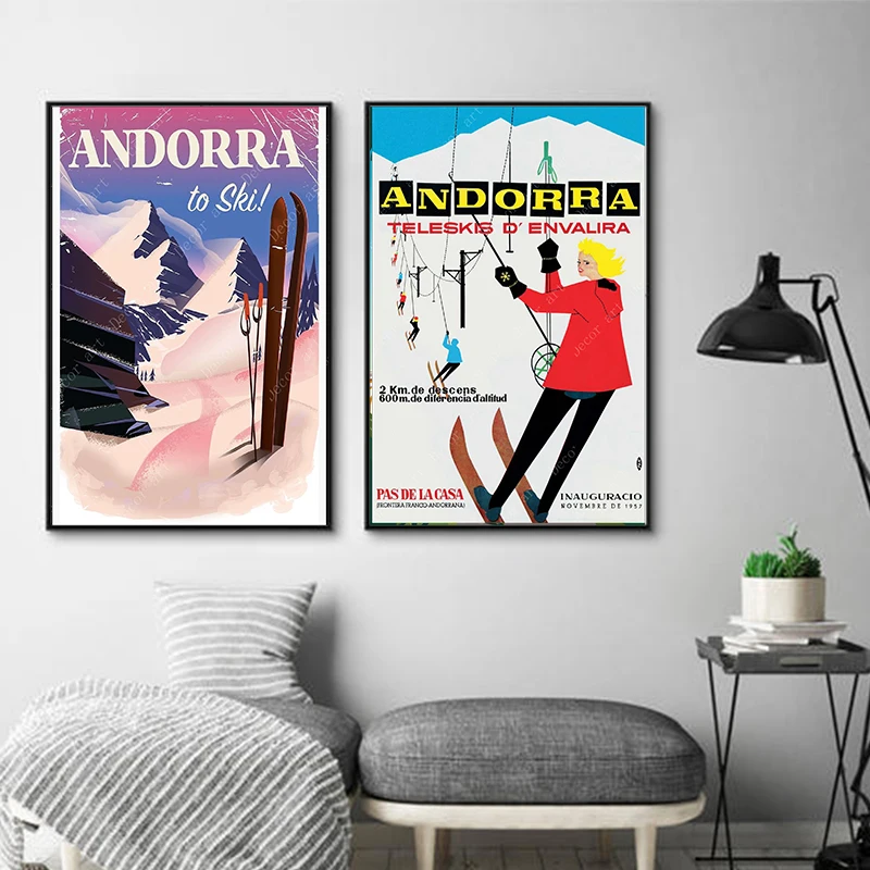 Картины на холсте с покрытием для путешествий лыжи в Андорре винтажные картины